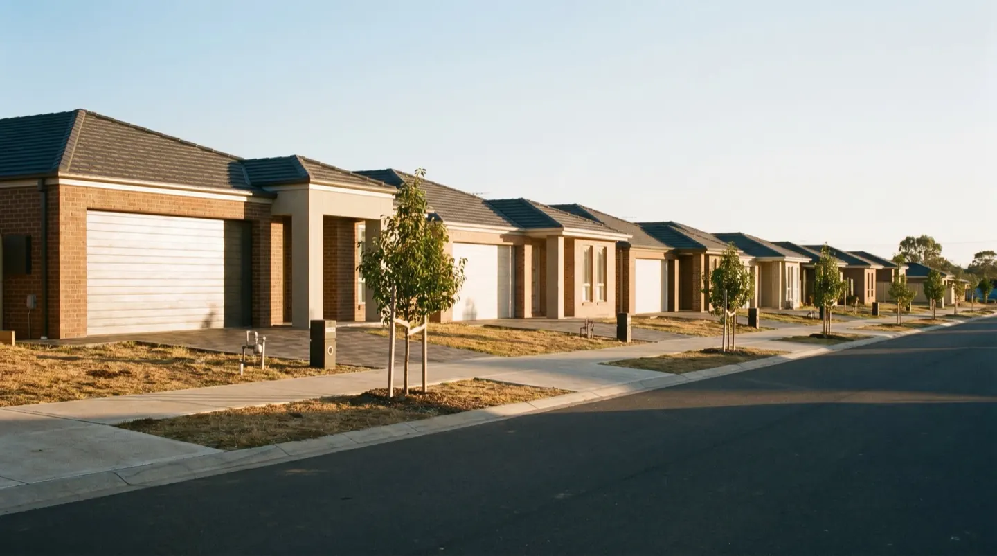 A new estate street of single-storey brick homes, each with a wide sectional double garage door
