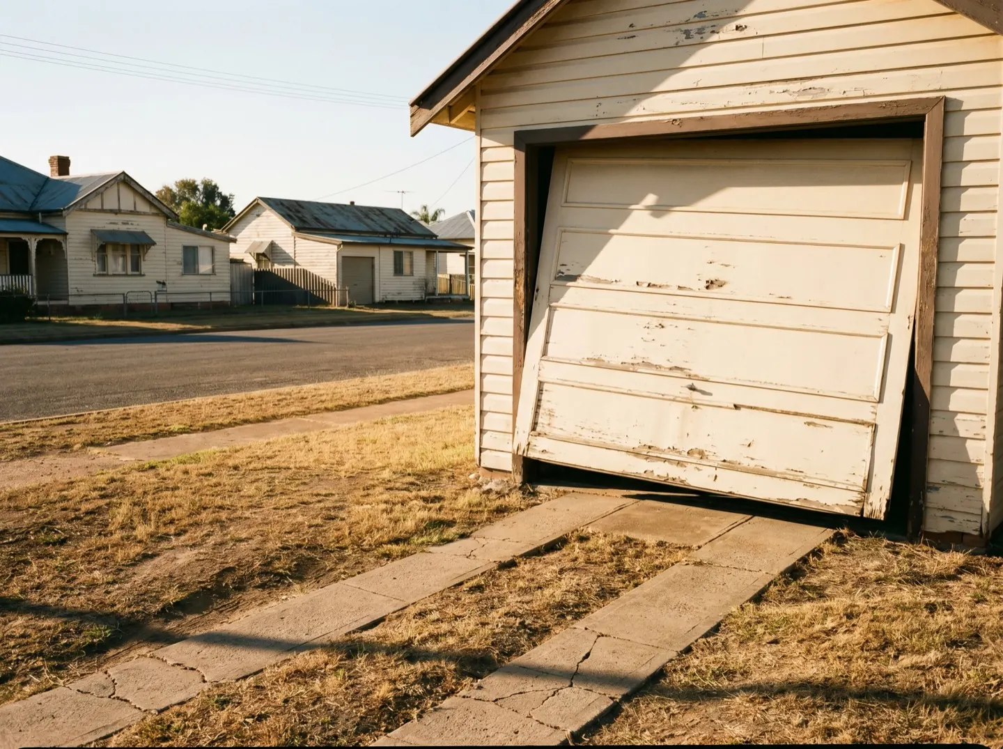 An original one-piece tilt garage door on a weatherboard cottage, sitting slightly out of true