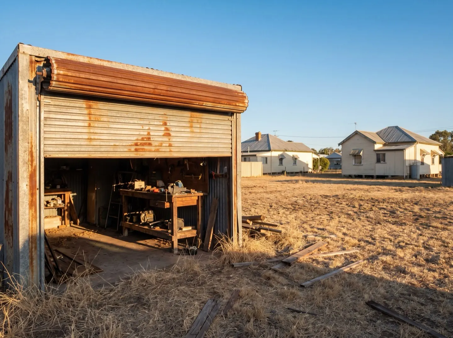 An older corrugated roller door on a backyard shed, part open over a workbench