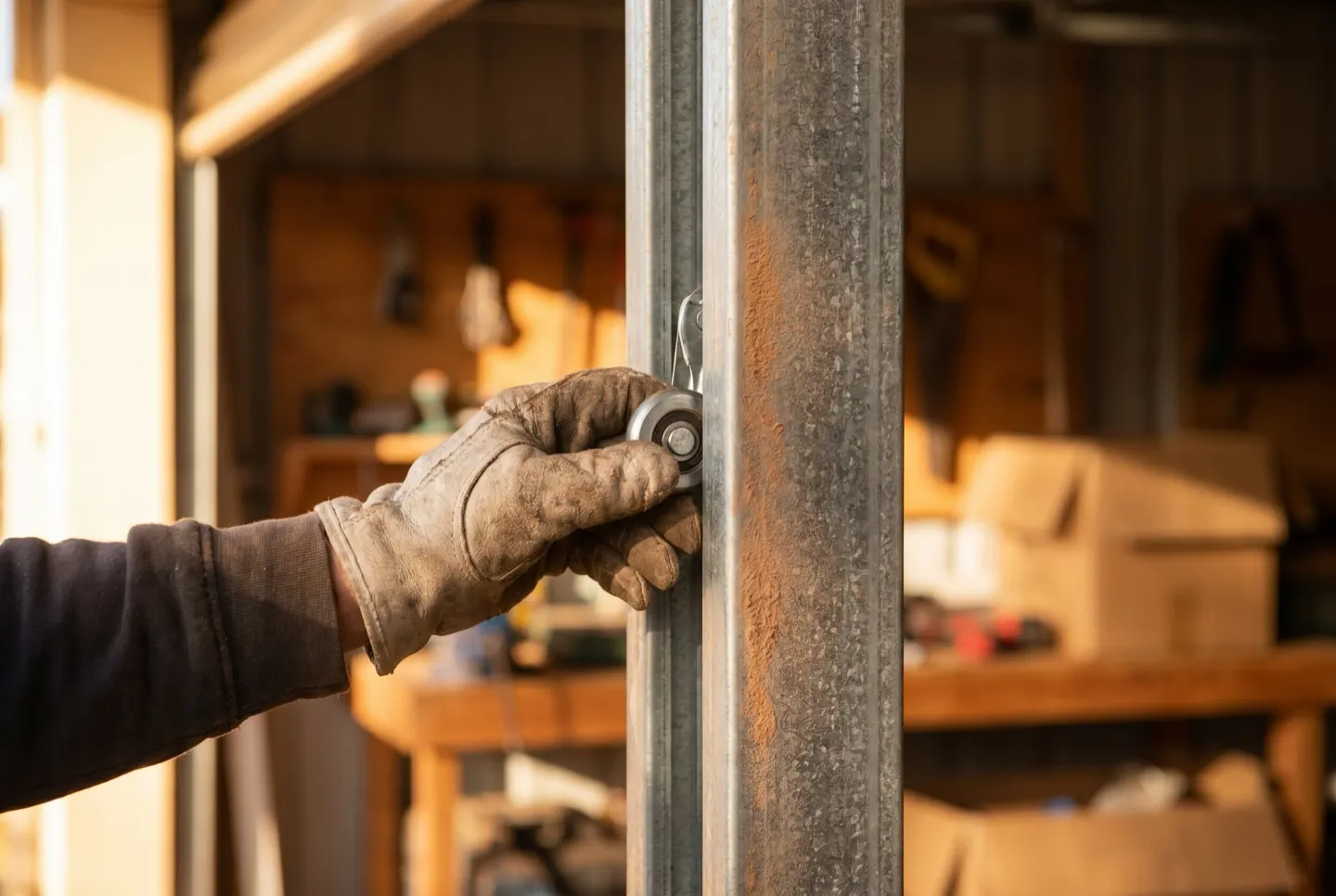 A gloved hand steadying a garage door roller in its track, fine dust on the track lip